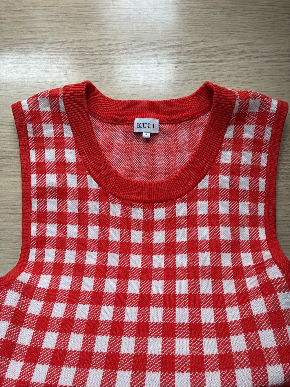 KULE Poppy and White Gingham Knit Sleeveless Dress w/ Side Slit